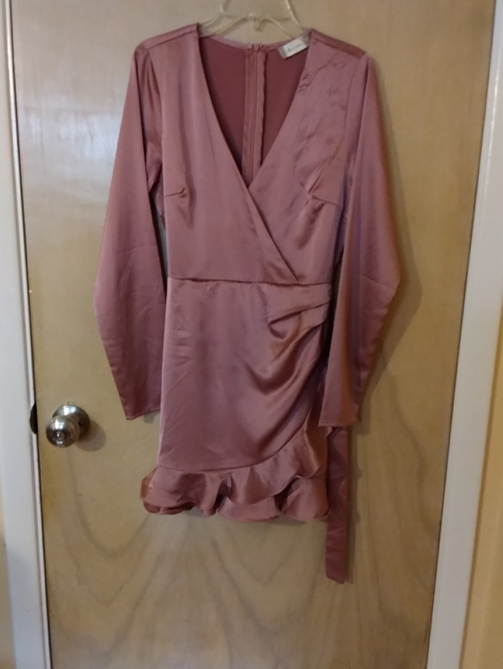 Women's Mauve Wrap Satin Dress with Ruffle Hem